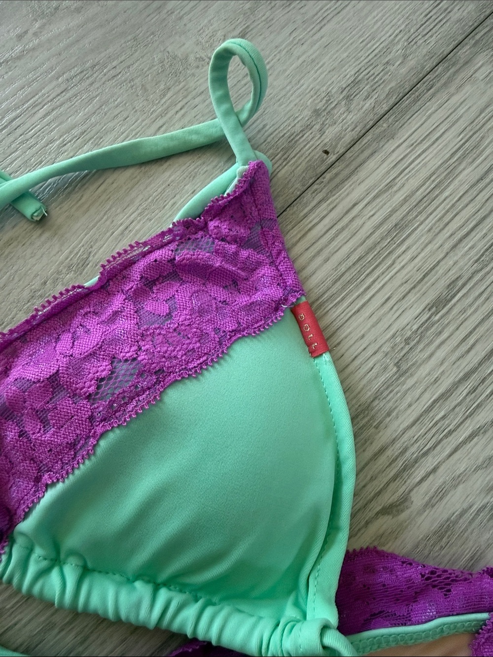 Mint Green Triangle Bikini Top with Purple Lace Accents - Picture 2 of 4